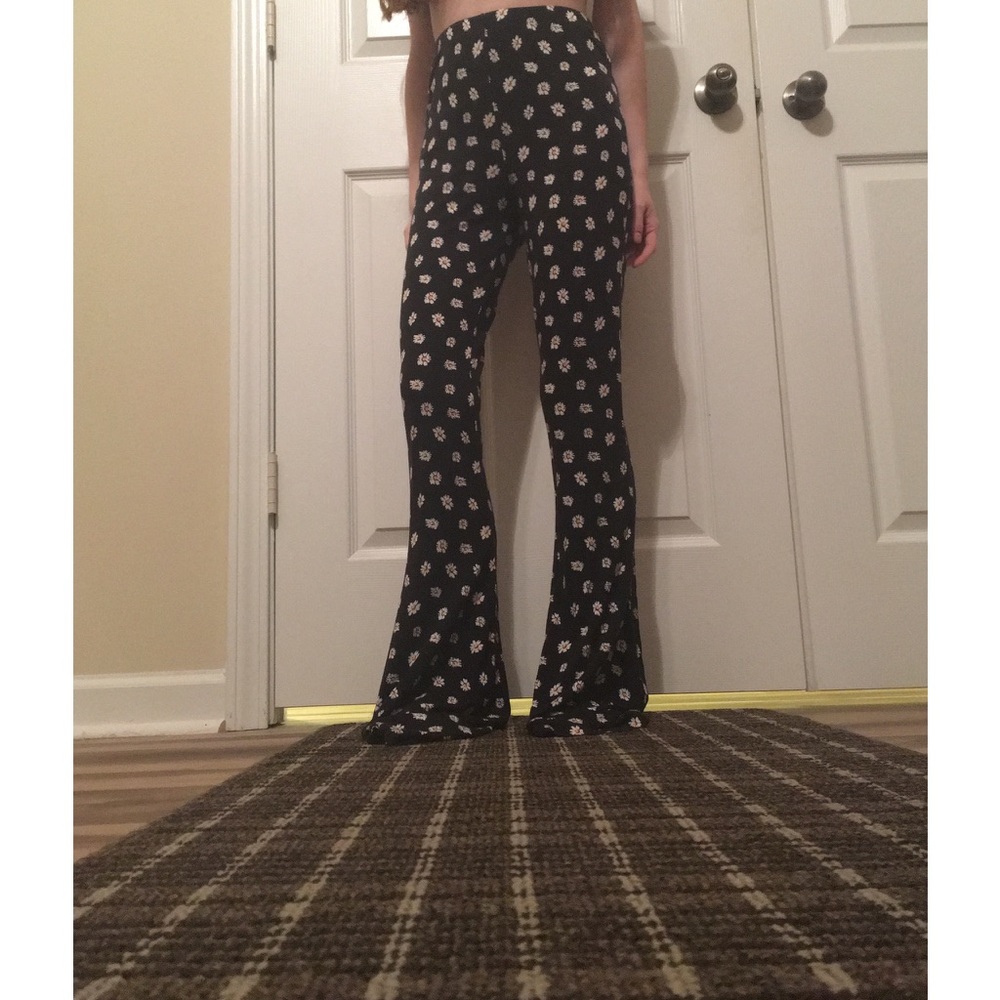 Black floral print bell bottom pants